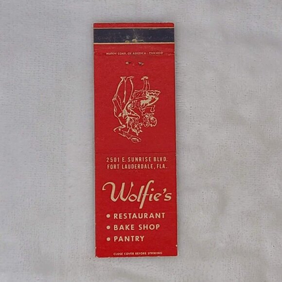 Front Strike Matchbook Cover Wolfie’s Restaurant Fort Lauderdale FL Florida - Picture 4 of 5